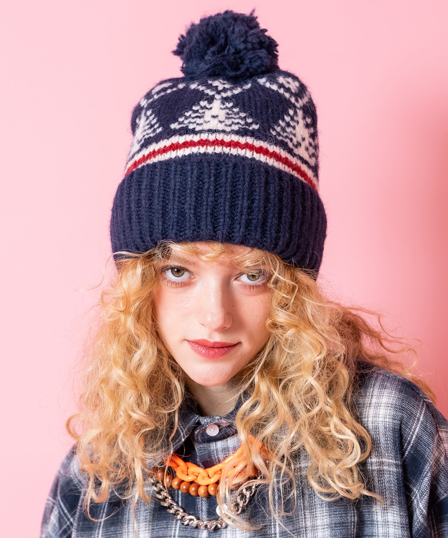 レトロノルディック柄ボンボンニット帽 / ユニセックス ニットキャップ