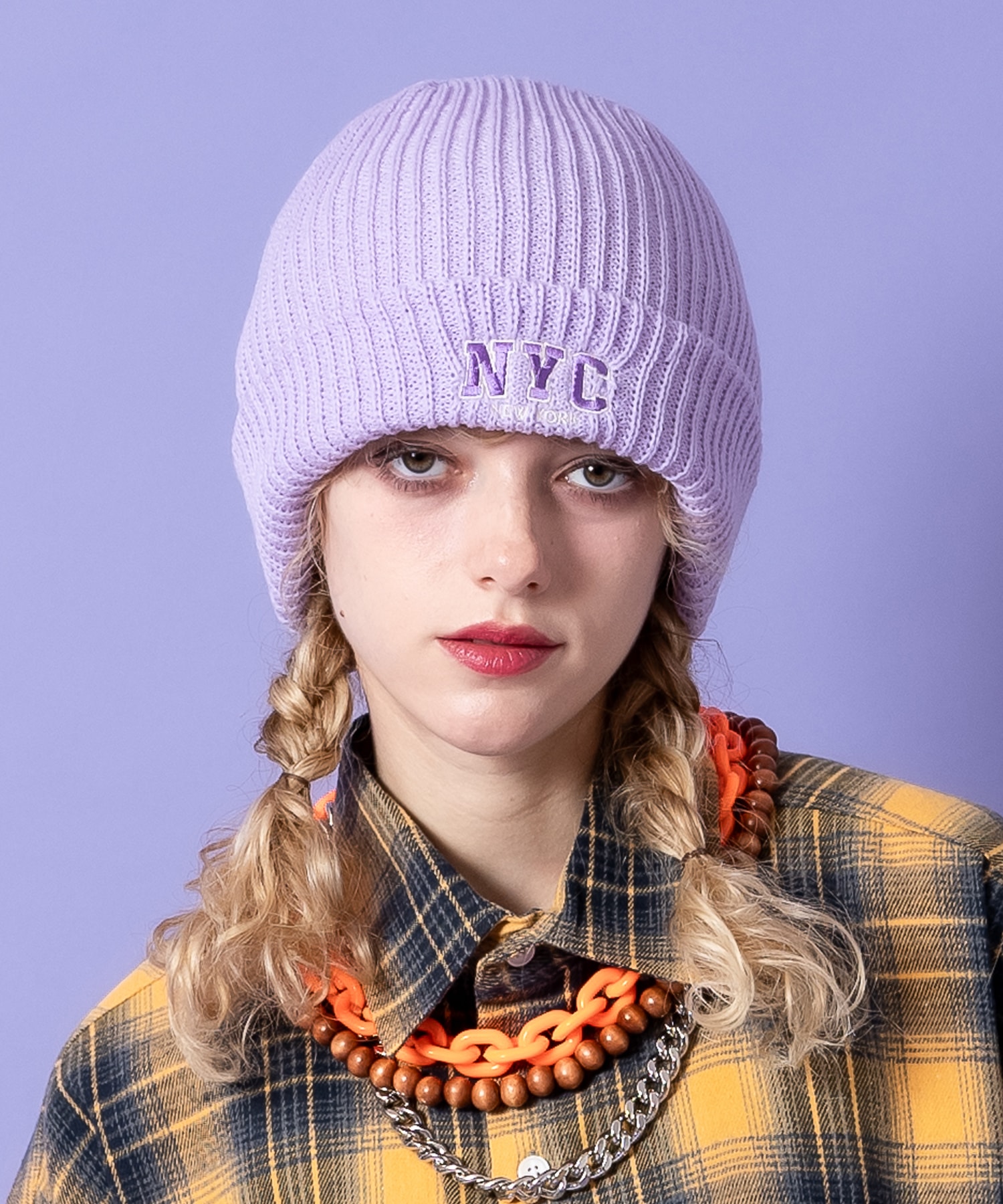 NYCロゴ刺繍リブニット帽 / ユニセックス ニットキャップ ビーニー 帽子