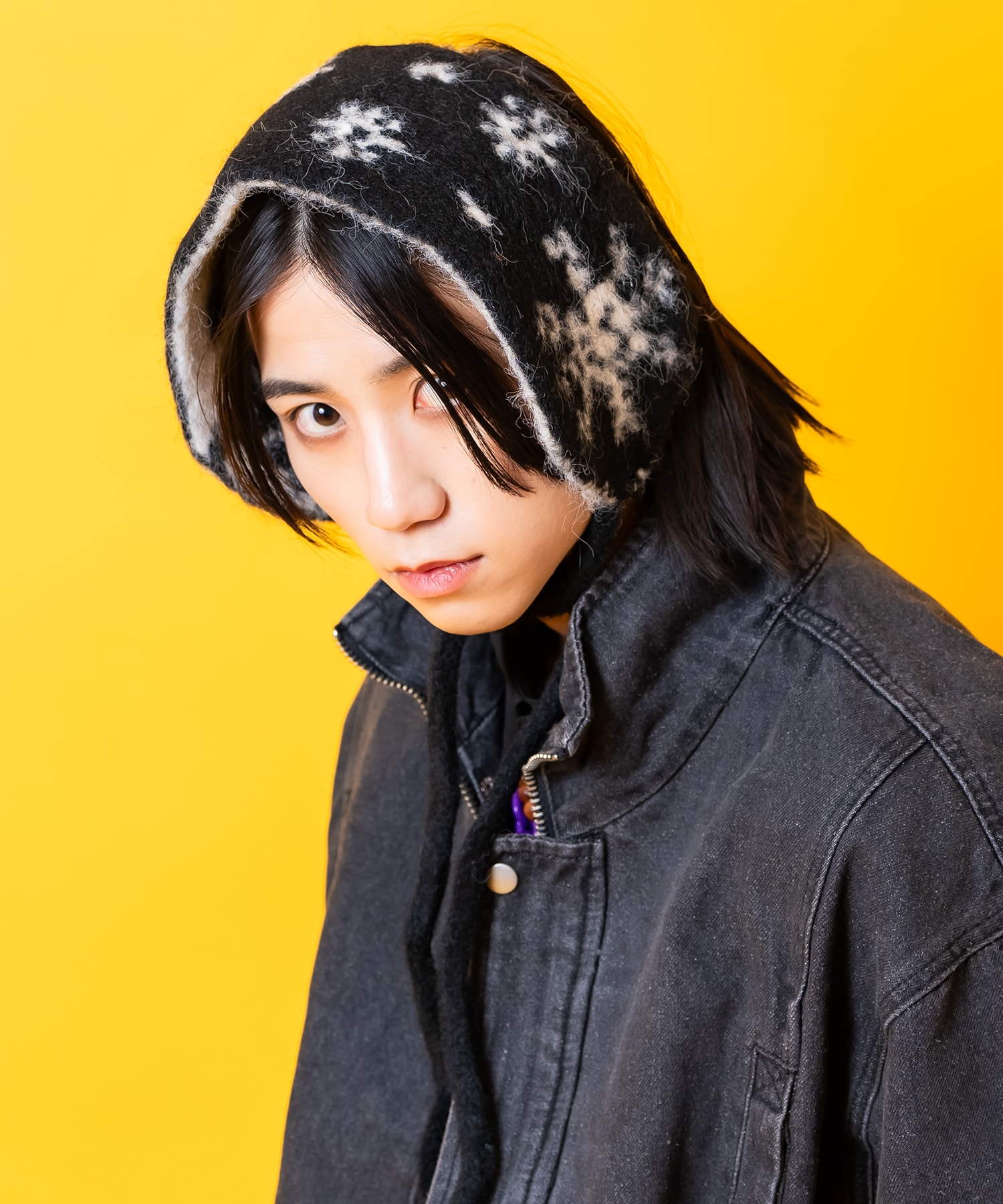 雪柄リバーシブルファー混ニットボンネットイヤーマフ / ユニセックス