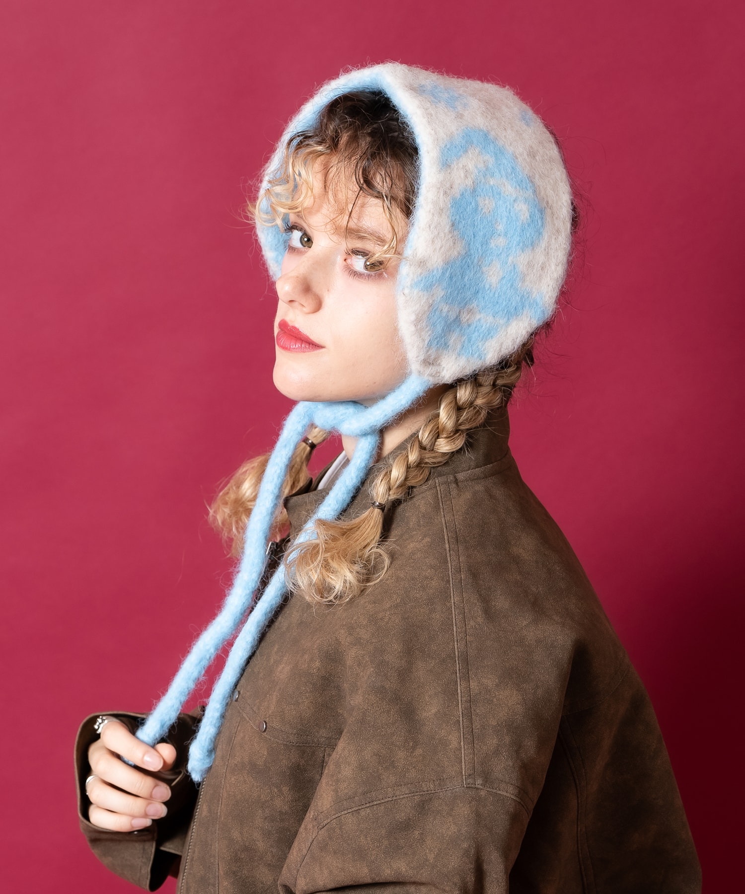 雪柄リバーシブルファー混ニットボンネットイヤーマフ / ユニセックス