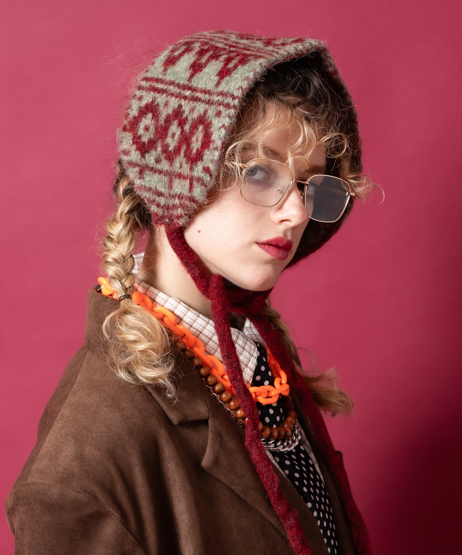 民族調フェアアイル柄リバーシブルファー混ニットボンネットイヤーマフ