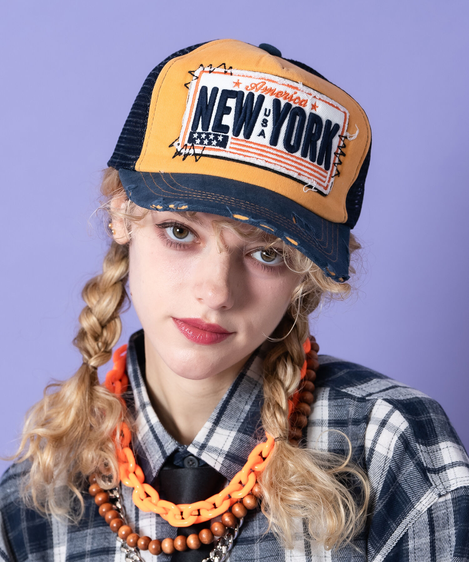 an meets zakka NEWYORKロゴ＆ワッペン刺繍ダメージレトロメッシュキャップ