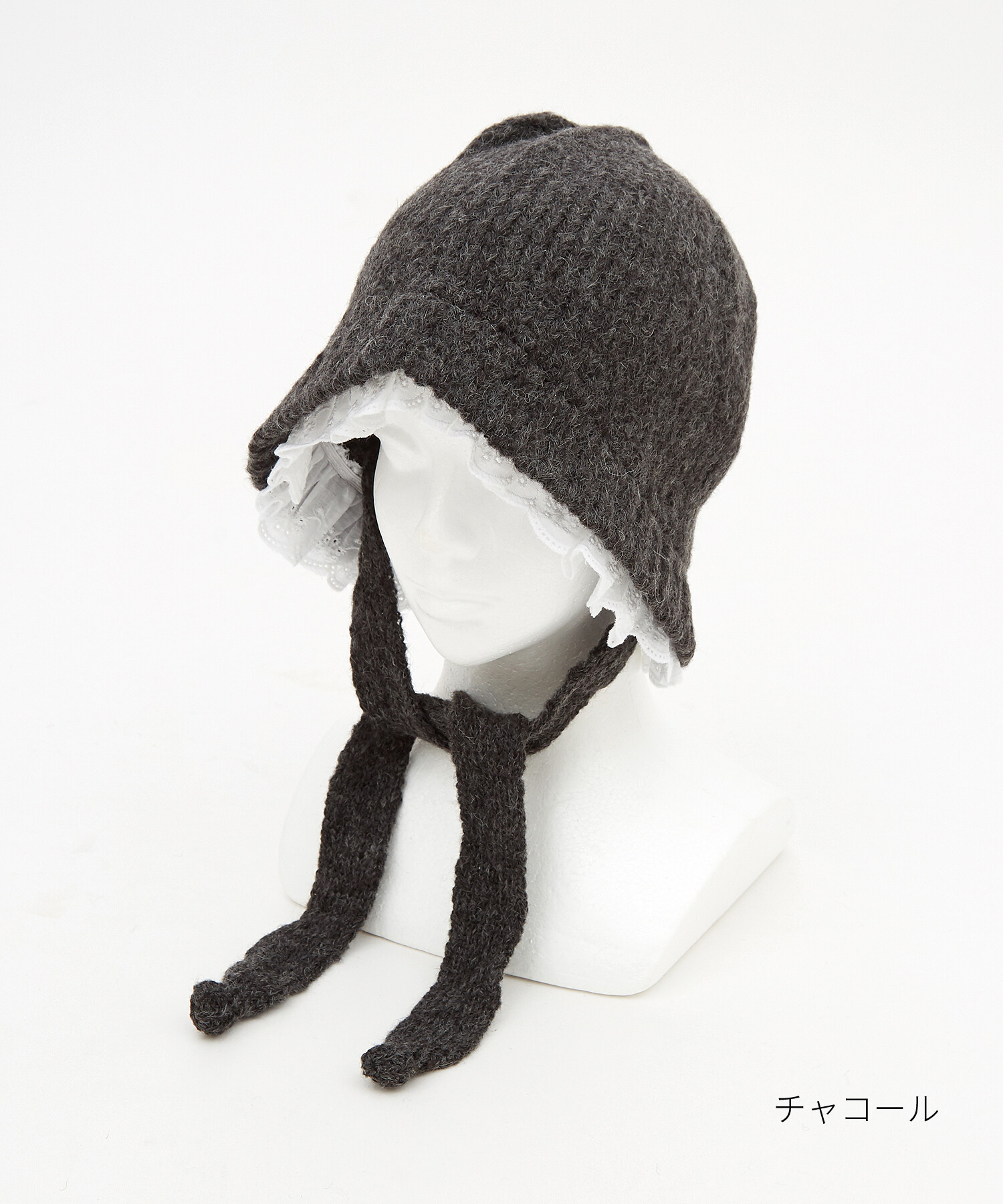 レースフリルレイヤードウールタッチアクリルニットボンネットハット