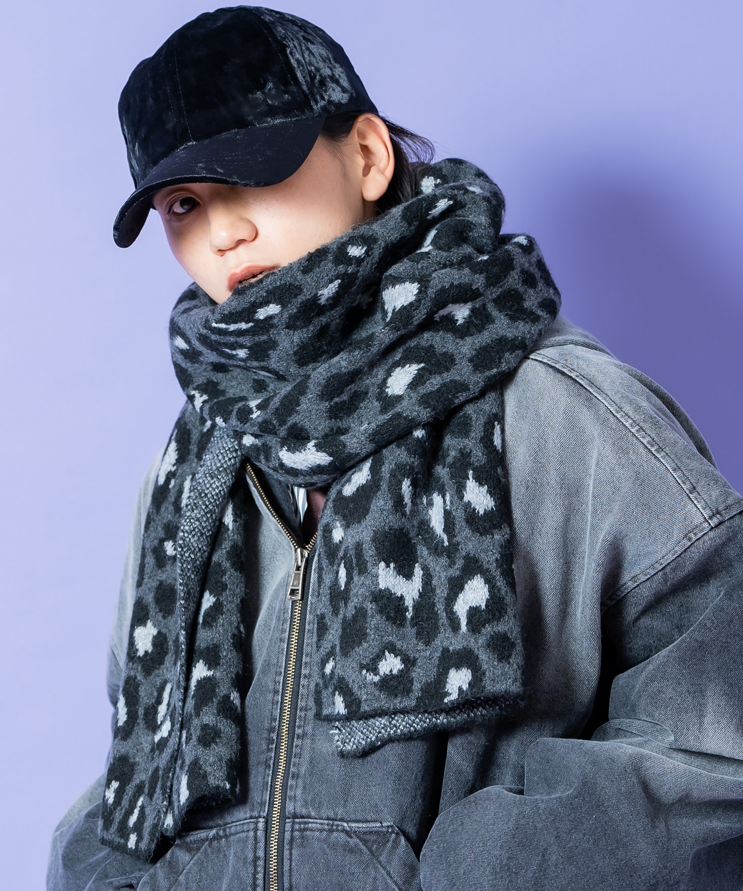 レオパードジャガードウール混ニット大判マフラー(33cm×190cm) / ユニ