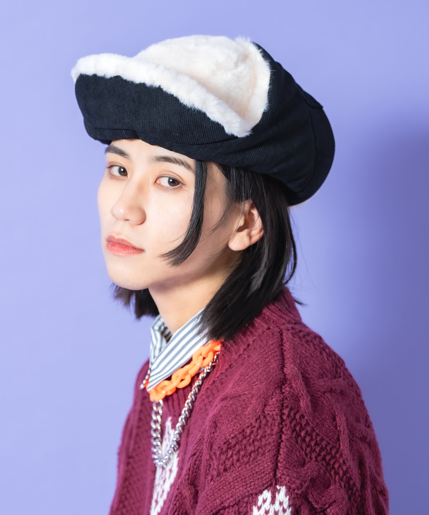 リバーシブルショートファー×コーデュロイフライトキャップ / ユニ
