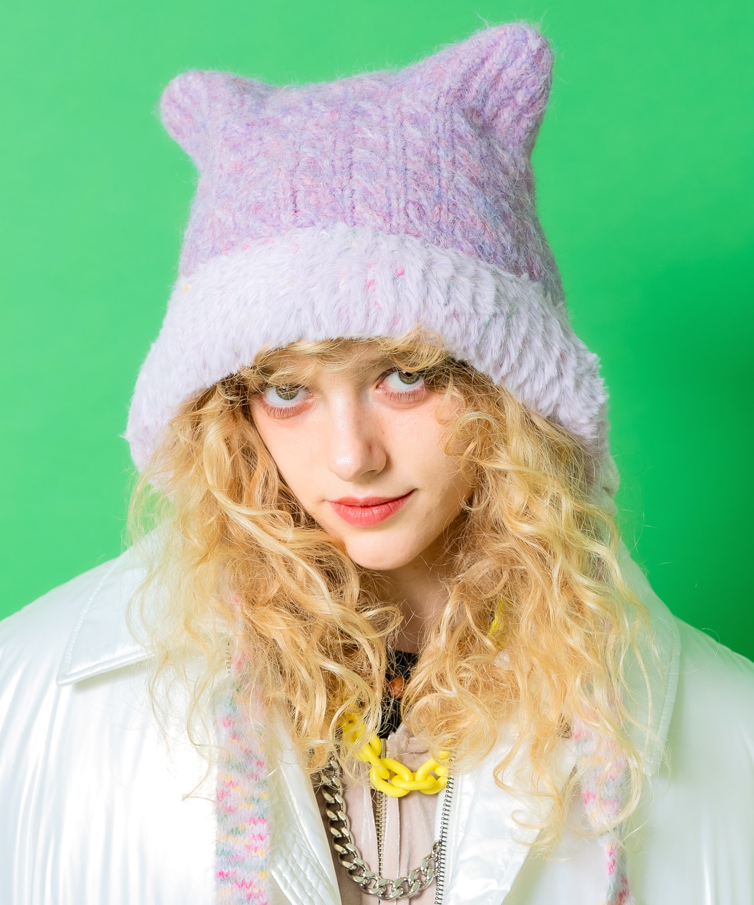 マーブルカラーコードネコ耳ファー切替イヤーフラップニット帽 / ユニ