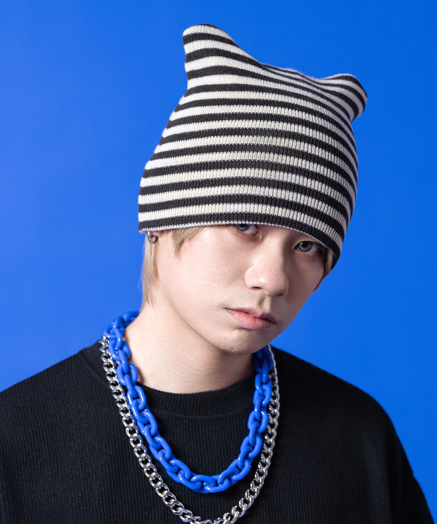 ネコ耳2トーンボーダーサマーニットビーニー / ユニセックス 猫耳