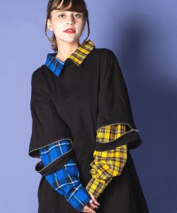 ankoROCK オープンジップフェイクレイヤーアシンメトリーチェック柄シャツカットソー