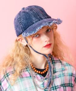 an meets zakka ダメージフリンジピグメントデニムロングドローコードキャップ