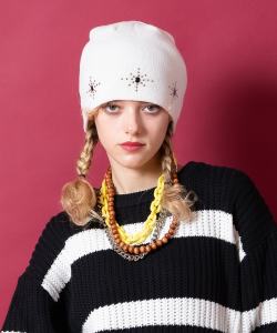 an meets zakka ネイティブ調ブラックストーンボールスタッズニットビーニー