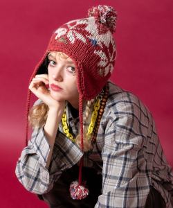 an meets zakka ノルディック柄コード付きイヤーフラップボンボンウールニット帽