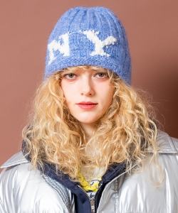an meets zakka モコモコファーＮＹロゴミックスリブニットビーニー