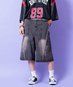 【期間限定 5％OFF】 a.p.o.v. -ankoROCK's select- クラッシュフリンジ切替デザインオーバーダイデニムワイドハーフパンツ
