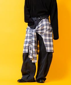 a.p.o.v. ジップ着脱チェック柄ネルシャツレイヤードスーパーワイドデニムパンツ