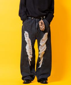 a.p.o.v. スーパーダメージ立体裁断ワイドデニムパンツ