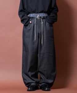 a.p.o.v. チェック柄見せパンスタイルダブルウエストワイドデニムパンツ