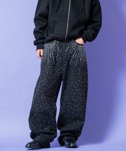 a.p.o.v. ハイパージルコニアラインストーンワイドブラックデニムパンツ
