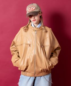 a.p.o.v. オーバーサイズ合成皮革シングルライダースブルゾン