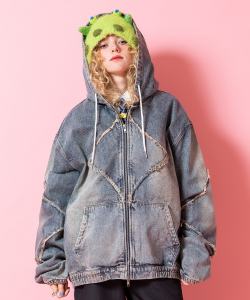 a.p.o.v. ヴィンテージライクウォッシュドデニムクラッシュフリンジパッチワークオーバーサイズフードブルゾン