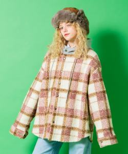 a.p.o.v. チェック柄カーリーボアスウェットフード切り替えオーバーサイズシャツジャケット