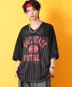 a.p.o.v. -ankoROCK's select- レトロロゴ＆ストライプメッシュサッカーゲームシャツ / メンズ レディース オーバーサイズ 半袖 カットソー ユニフォーム 