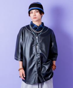 a.p.o.v.  シンプルパイピングオーバーサイズ合成皮革ベースボールシャツ