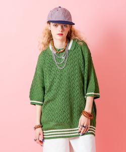 a.p.o.v.  ライン襟切り替え透かし編みニットポロシャツ