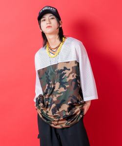 a.p.o.v.  カモフラ切替オーバーサイズメッシュフットボールシャツ