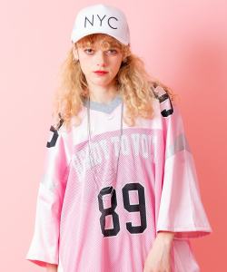 a.p.o.v.  サテン×メッシュ×リブ切替ナンバリングオーバーサイズフットボールシャツ