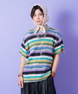 a.p.o.v.  レトロマルチボーダーメッシュ編みニットTシャツ