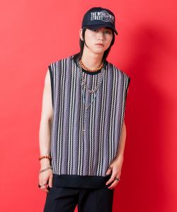 a.p.o.v.  レトロストライプメッシュ編みサマーニットベスト