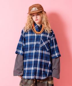 a.p.o.v. チェック柄シャツレイヤードオーバーサイズカットソー