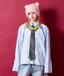 a.p.o.v. ルーズ短丈ポリ生地ストライプシャツ