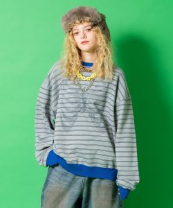 a.p.o.v. モザイクドットボーンプリントオーバーサイズボーダー配色リブ切替ピグメントスウェットカットソー