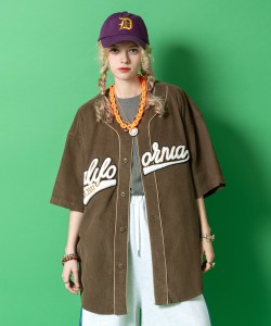a.p.o.v. サガラ刺繍ワッペンコーデュロイオーバーサイズベースボールシャツ