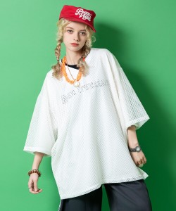 a.p.o.v. メッシュフェイクレイヤードロゴ＆ビッグナンバリングプリントオーバーサイズゲームTシャツ