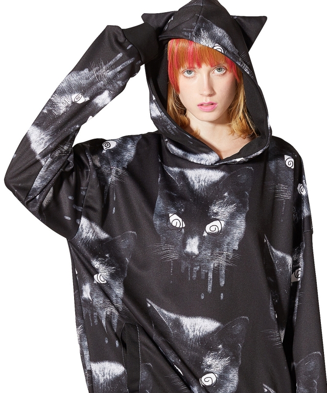 モノクローム黒猫ネコ耳プルオーバーパーカー スーパービッグ Ankorock アンコロック メンズ レディース ユニセックス ステージ 衣装 モノクローム黒猫ネコ耳プルオーバーパーカー スーパービッグ Ankorock アンコロック メンズ レディース ユニセックス ステージ 衣装