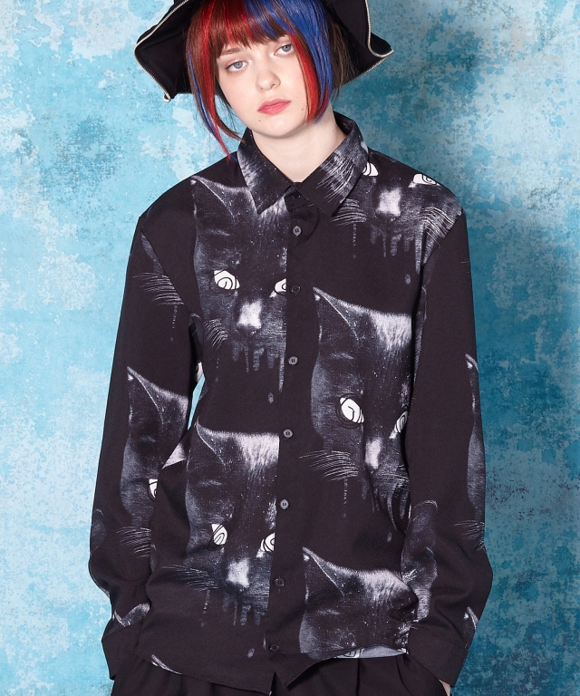 モノクローム黒猫シャツ タイト Ankorock アンコロック メンズ レディース ユニセックス ステージ 衣装