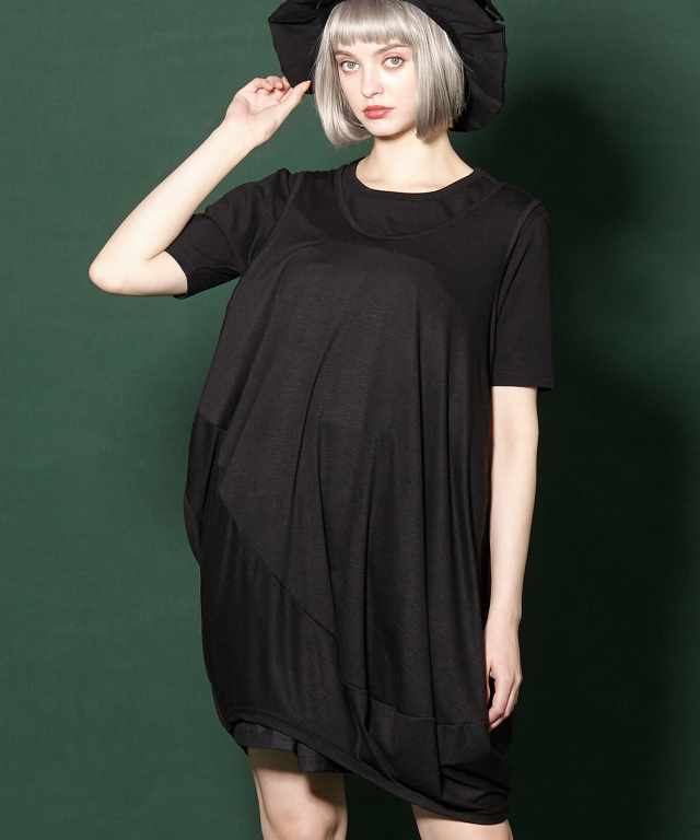 アシンメトリー変形バルーンワンピースフェイクレイヤーtシャツ