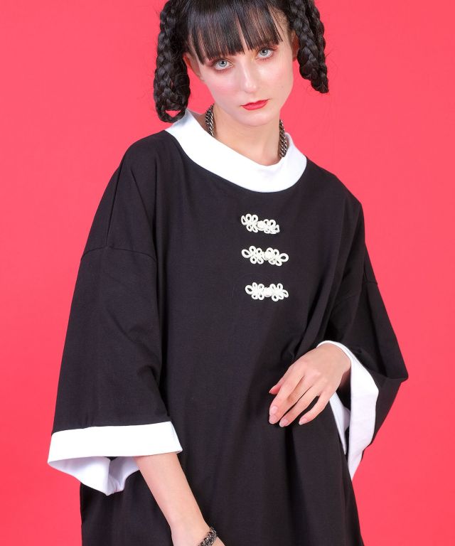 チャイナボタンモックリンガーTシャツ -オーバーサイズ