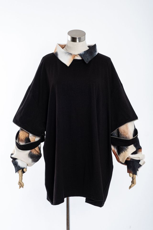 オープンジップフェイクレイヤー三毛猫シャツカットソー  