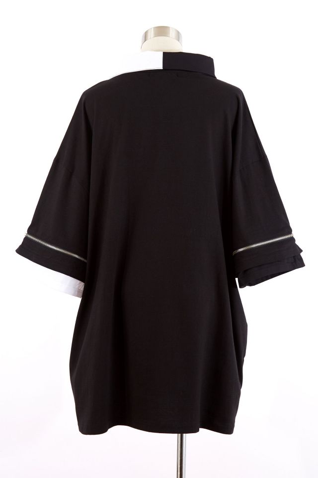 オープンジップフェイクレイヤーアシンメトリー黒白シャツTシャツ 
