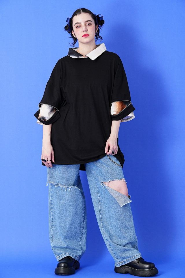 オープンジップフェイクレイヤー三毛猫シャツTシャツ ankoROCK
