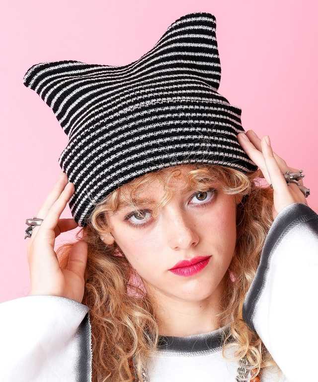 ゴシックパンクロックサイドチェーンラビットイヤーボーダーシャギーニット帽ピンク黒 シャギーボーダー猫耳ニット帽[品番：SHNW0011736]｜LADY LIKE