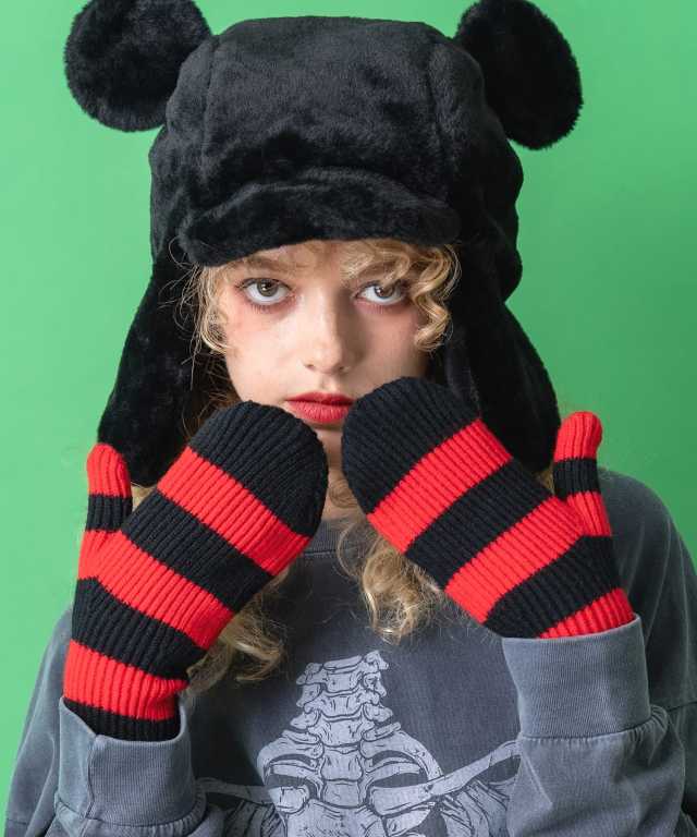 ボーダーリブ編みニットミトン / 手袋 グローブ レディース メンズ