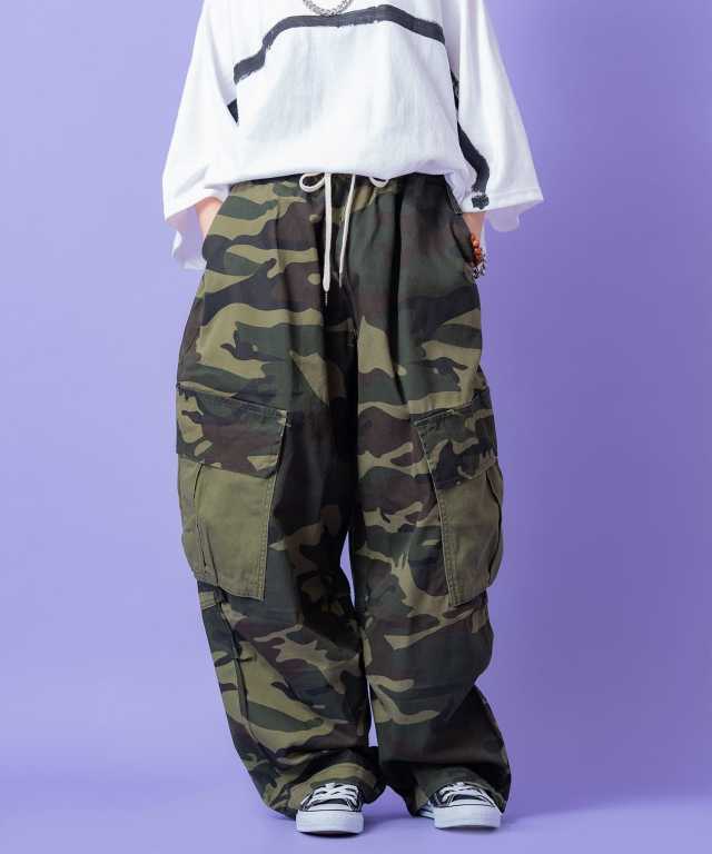 カラーブロック切替サイドポケットカモフラコットンワイドカーゴパンツ
