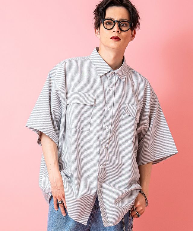 オーバーコート　半袖シャツ　オーバーサイズシャツ　ストライプ OVERCOAT/オーバーコート/ストライプ 半袖シャツ サイズ1 M