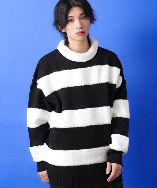 3Dパイルボアボーダーモックネックニットセーター / メンズ