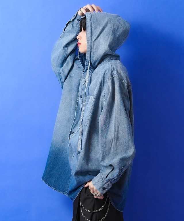 グラデーションピグメントデニムオーバーサイズフーディーシャツ