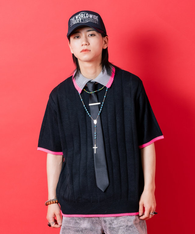 【2点セット】90s kik wear ニットポロシャツ　アーガイル USA製 ライン襟切り替え透かし編みニットポロシャツ / メンズ